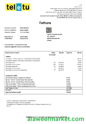 Italy TeleTu business utility bill template in Word and PDF format